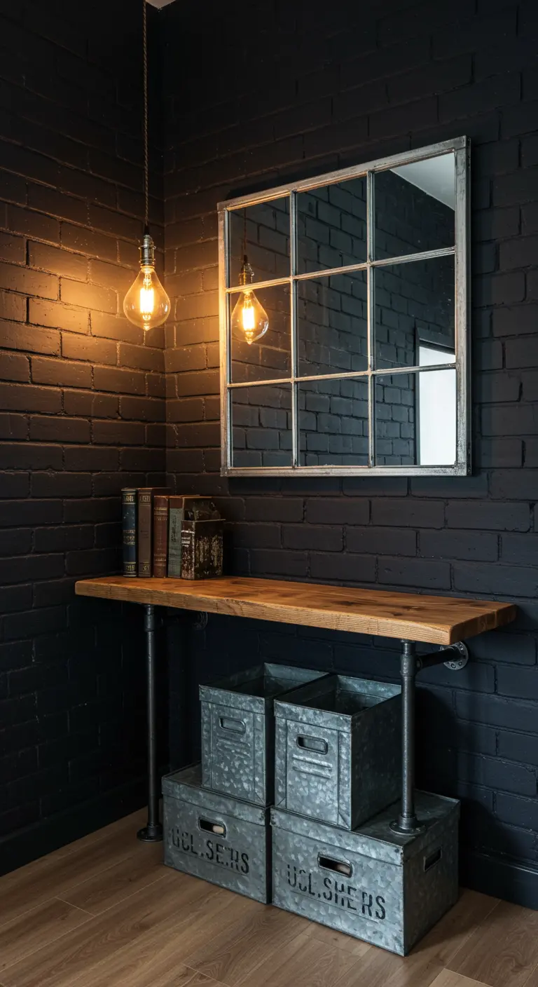 Industrial entryway with black brick walls, a windowpane mirror, and a console with metal bins.