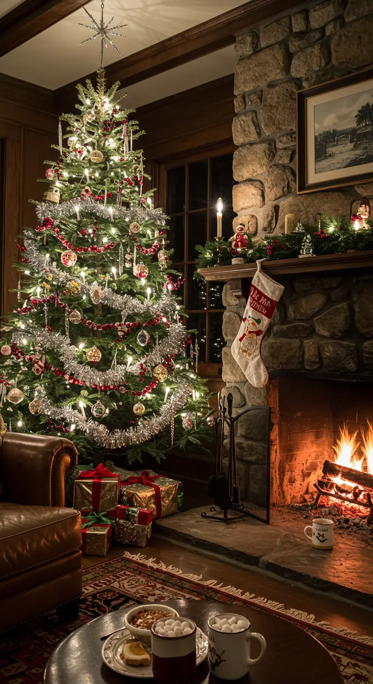 A Christmas tree with red garlands and tinsel next to a roaring stone fireplace.