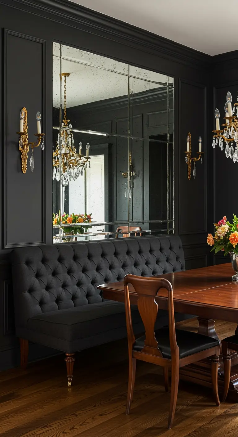 Formal dining room with dark paneled walls, a deeply tufted banquette, and classic sconces.