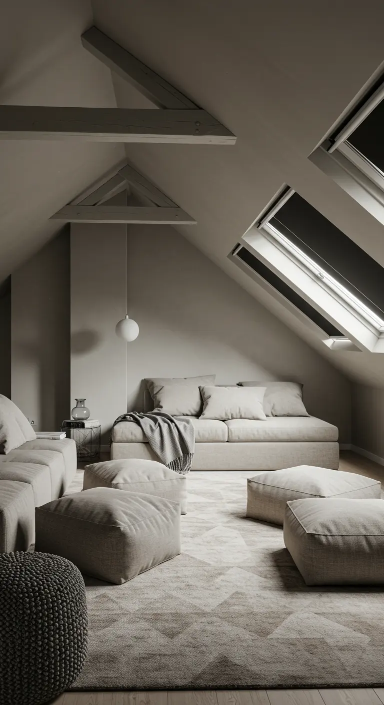Cozy attic lounge with greige walls, floor cushions, and skylights.