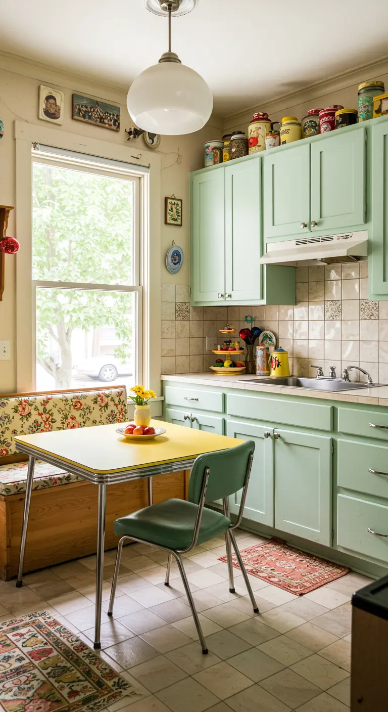 Retro kitchen with mint green cabinets and a floral banquette.