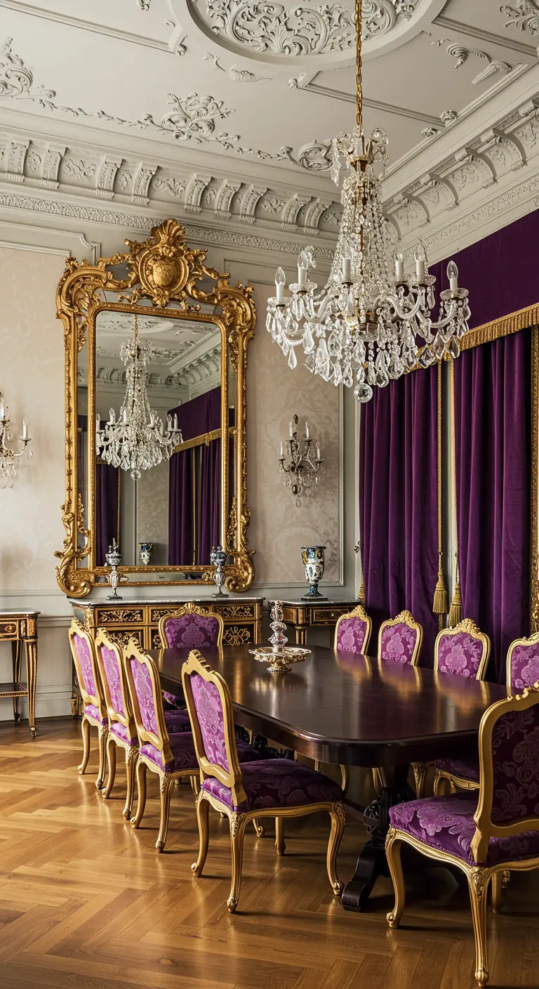 Ornate dining room with purple velvet chairs, gold mirror, and crystal chandelier.