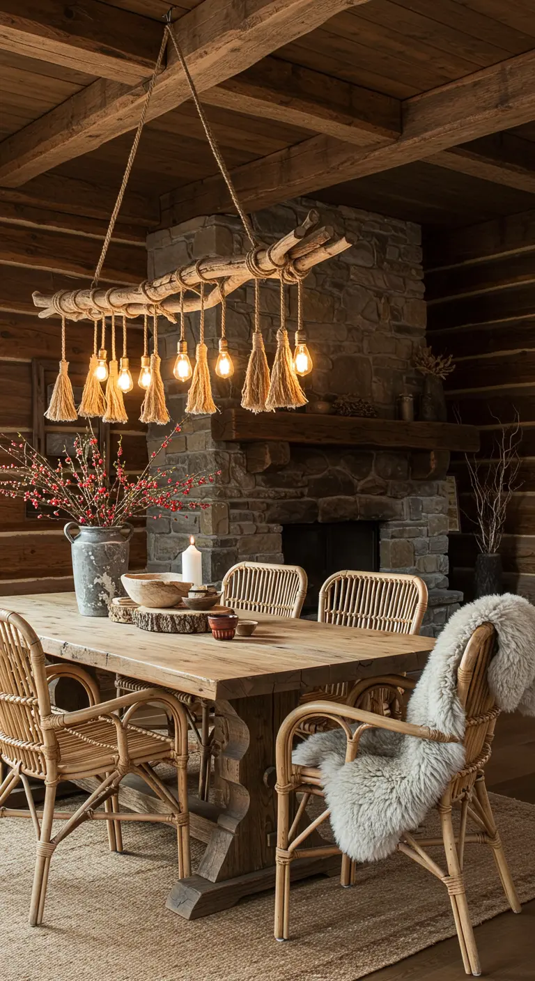 Rustic log cabin dining room with a chandelier made from a branch and jute tassels.