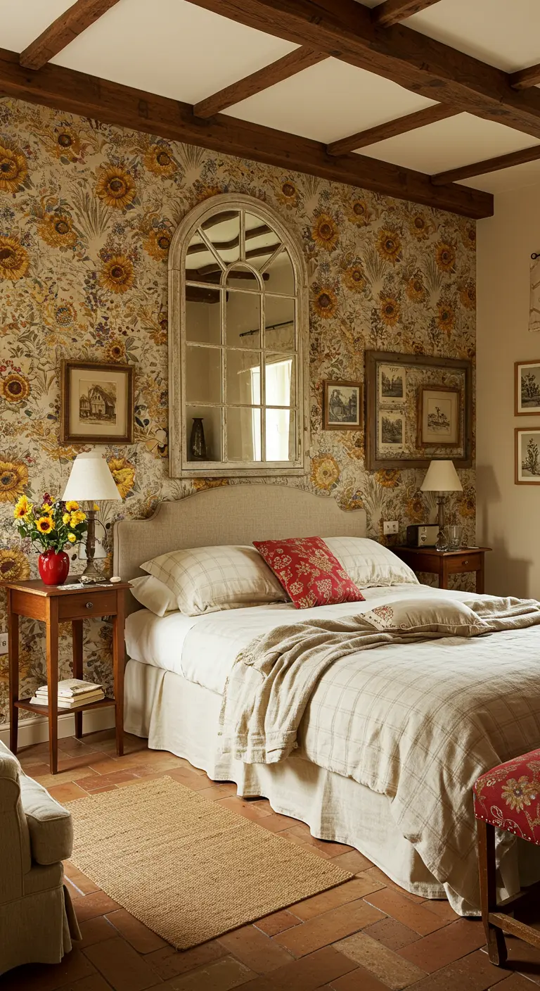 Rustic bedroom with sunflower wallpaper, exposed wood beams, and a large arched windowpane mirror.