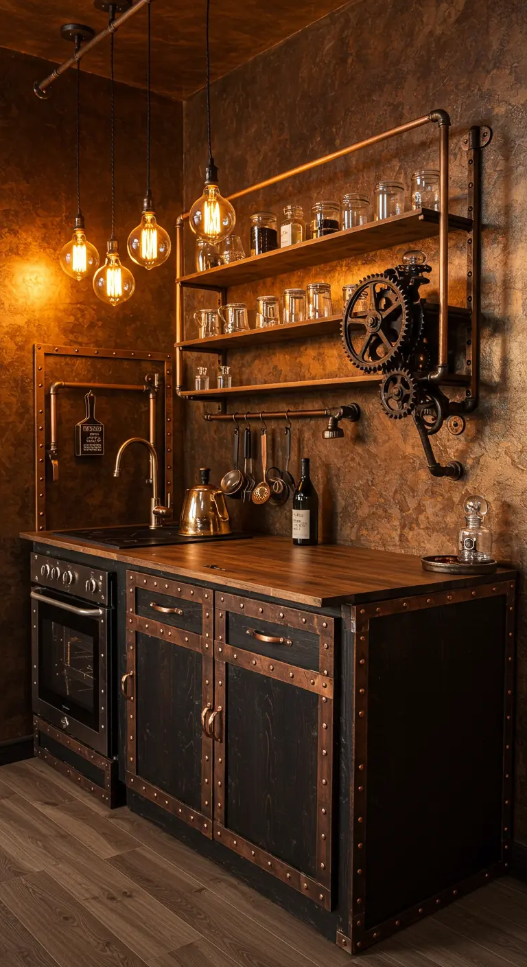 Steampunk-inspired kitchen with copper pipe shelving, Edison bulbs, and dark wood cabinets.