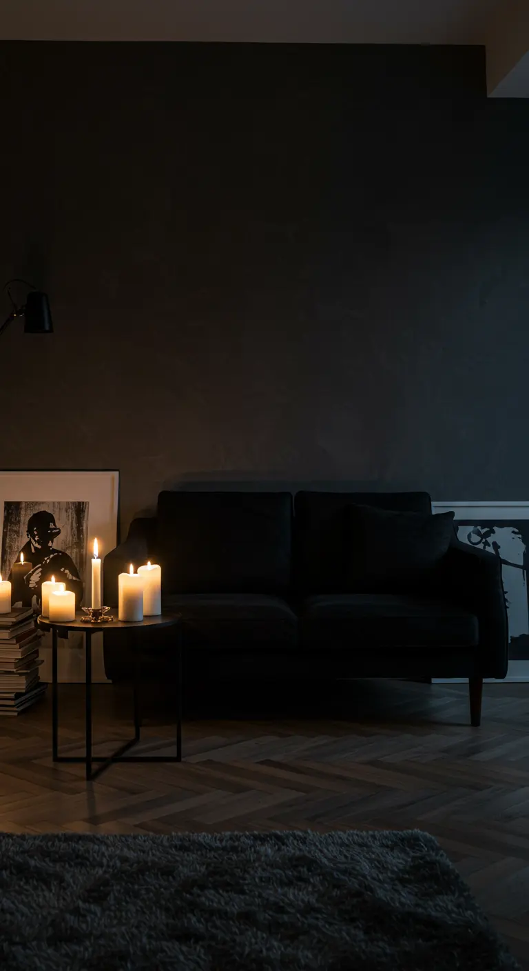 A dark living room with a charcoal sofa against a charcoal wall, lit by candles.