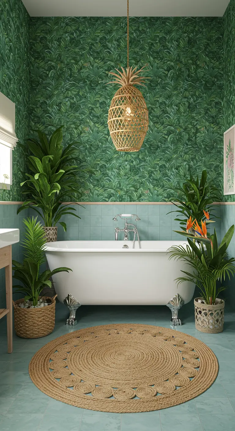 Tropical bathroom with leaf-print wallpaper and a pineapple light fixture.