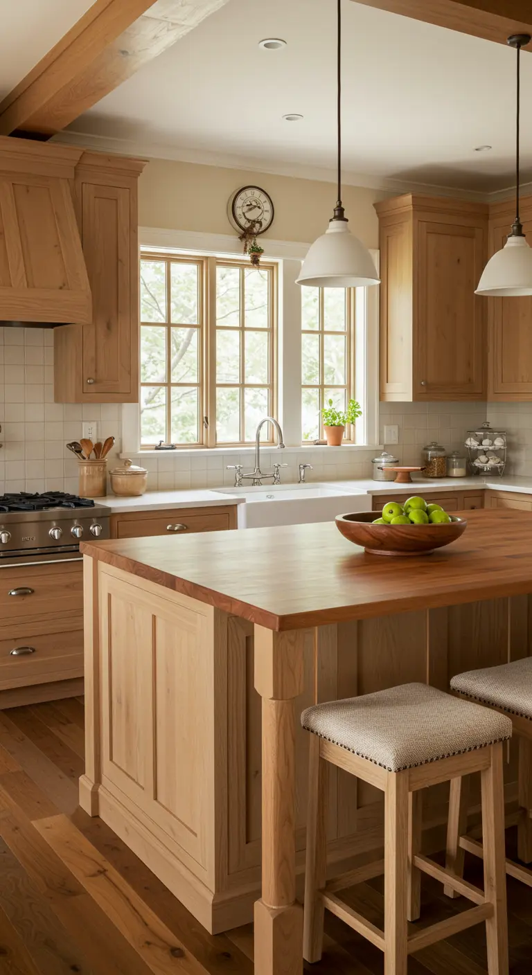 Farmhouse kitchen with natural oak shaker cabinets, a wood island, and upholstered stools.