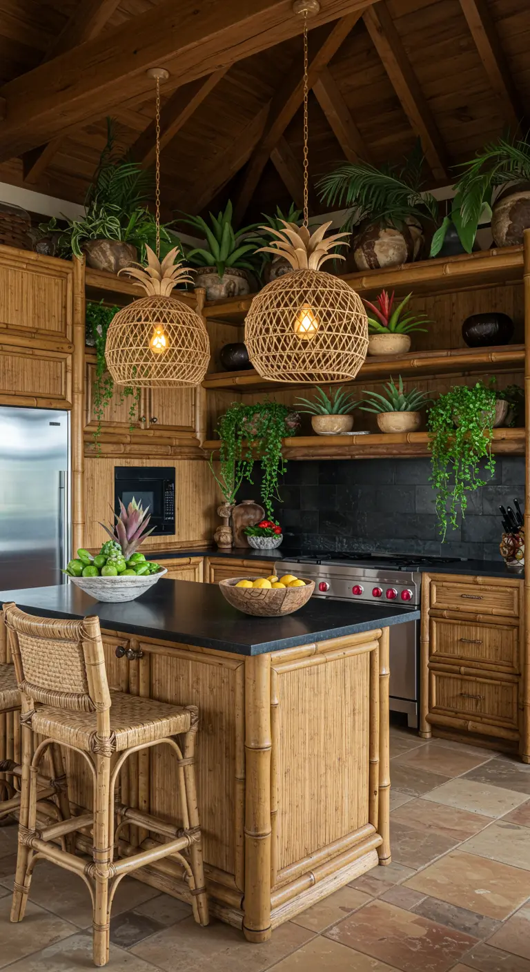 A kitchen with bamboo cabinets and pineapple-shaped woven pendants is filled with houseplants.