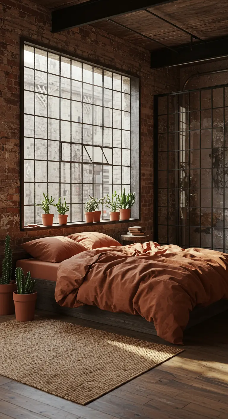 An industrial loft bedroom with terracotta-colored linens and numerous potted cacti.