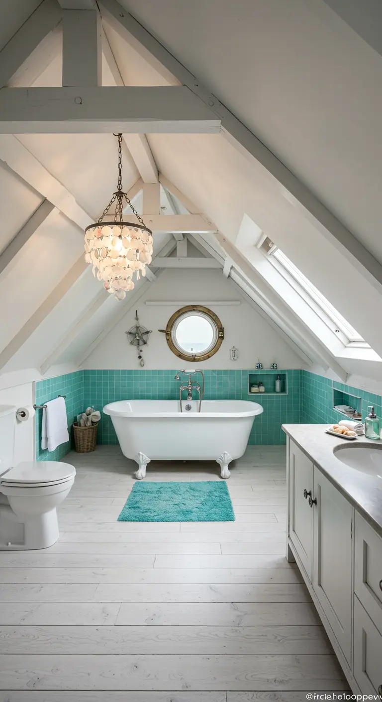 Attic bathroom with exposed beams, clawfoot tub, and porthole window.