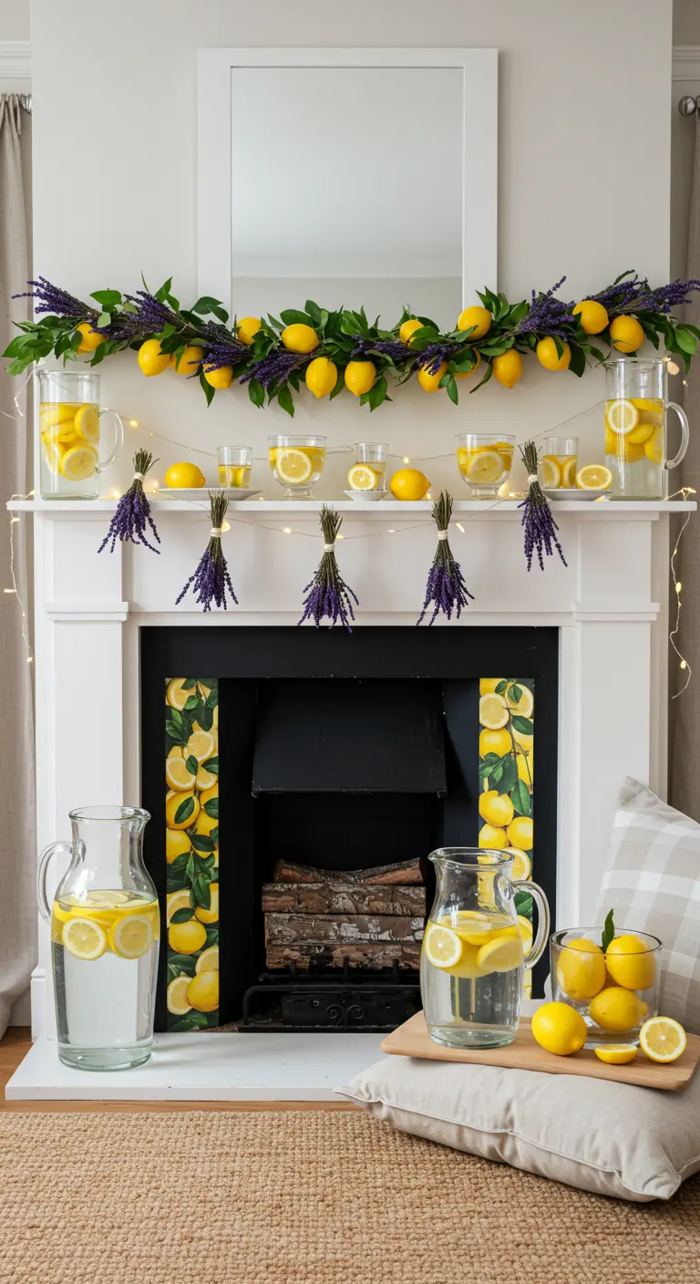 Summer mantel decorated with a lemon and lavender garland and pitchers of lemon water.