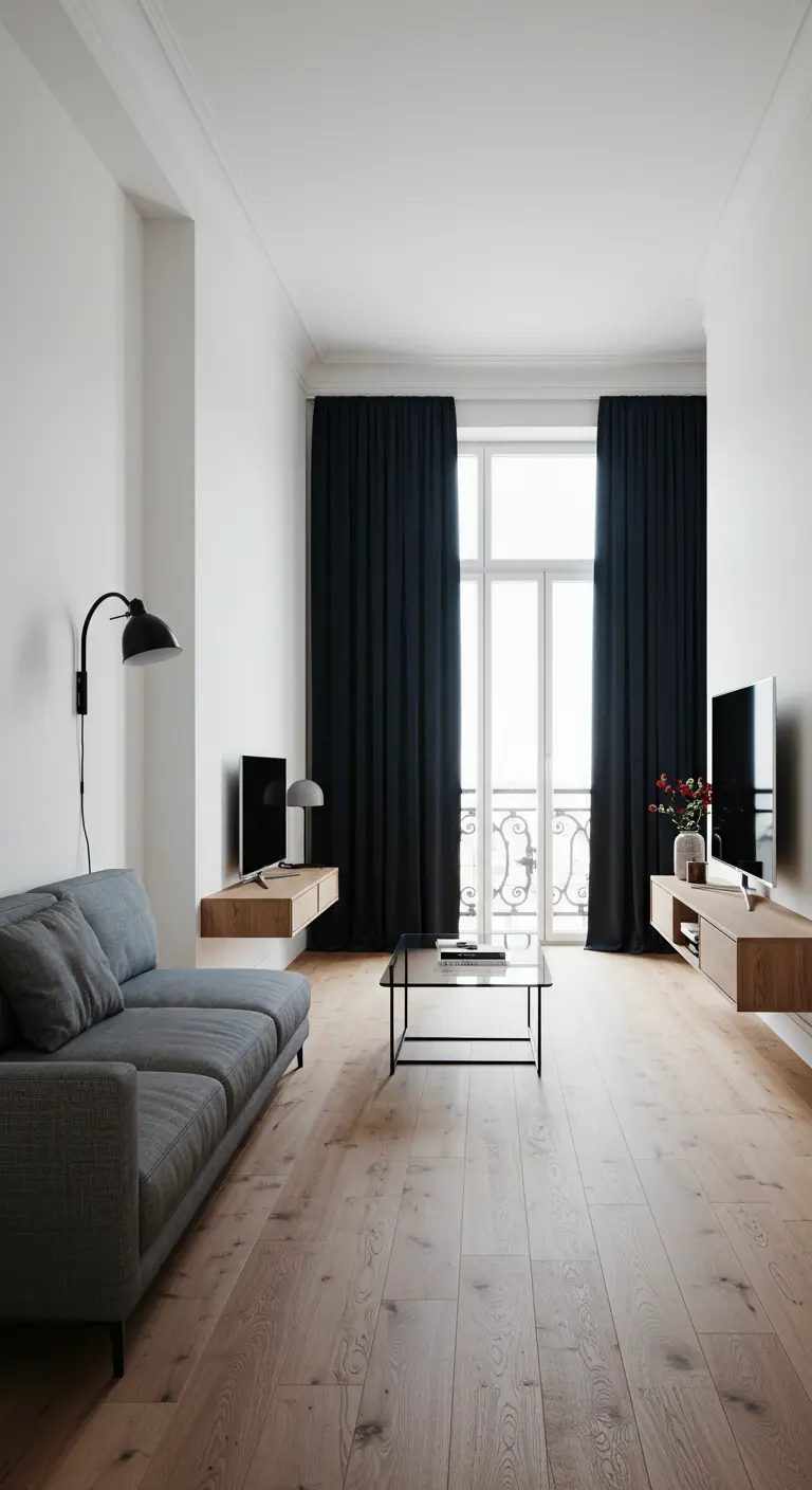 Narrow living room with floating wood media consoles and a black-framed glass coffee table.