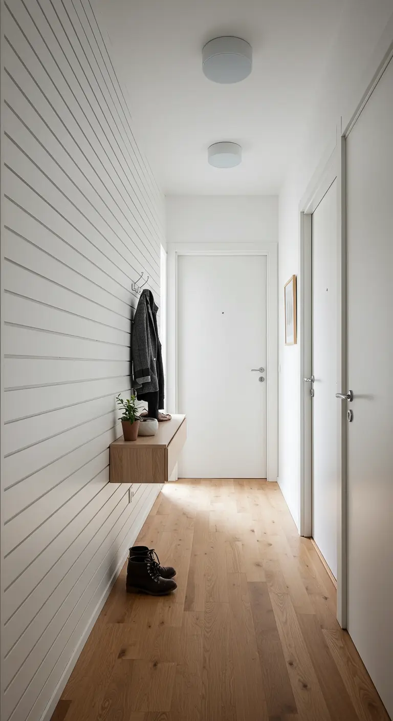 A narrow hallway with white horizontal wood paneling and a small floating bench.