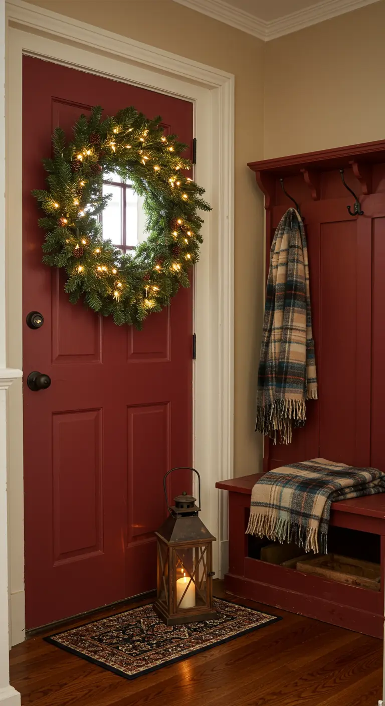 Red door with a large lit evergreen wreath and a plaid scarf on a rustic bench.