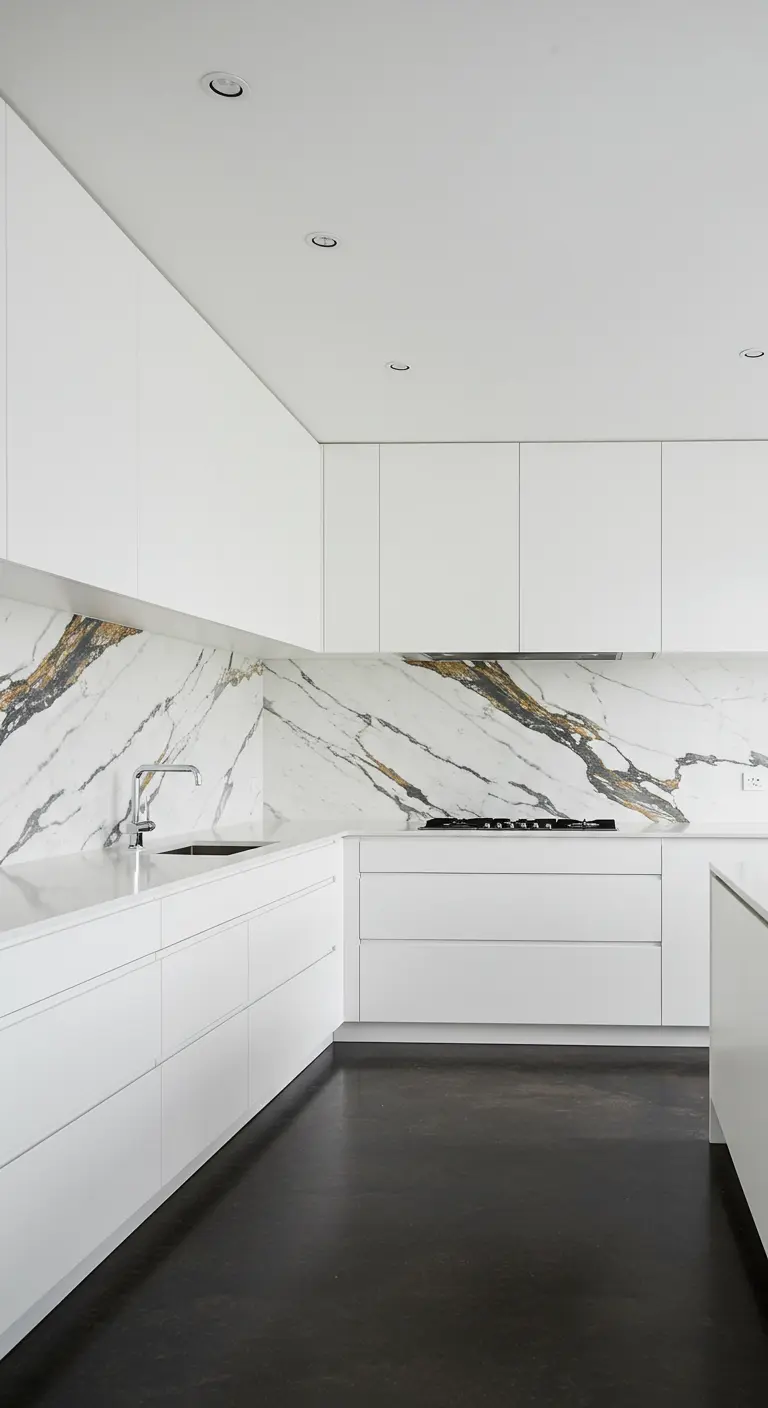 White minimalist kitchen with a dramatic white and gold marble slab backsplash.