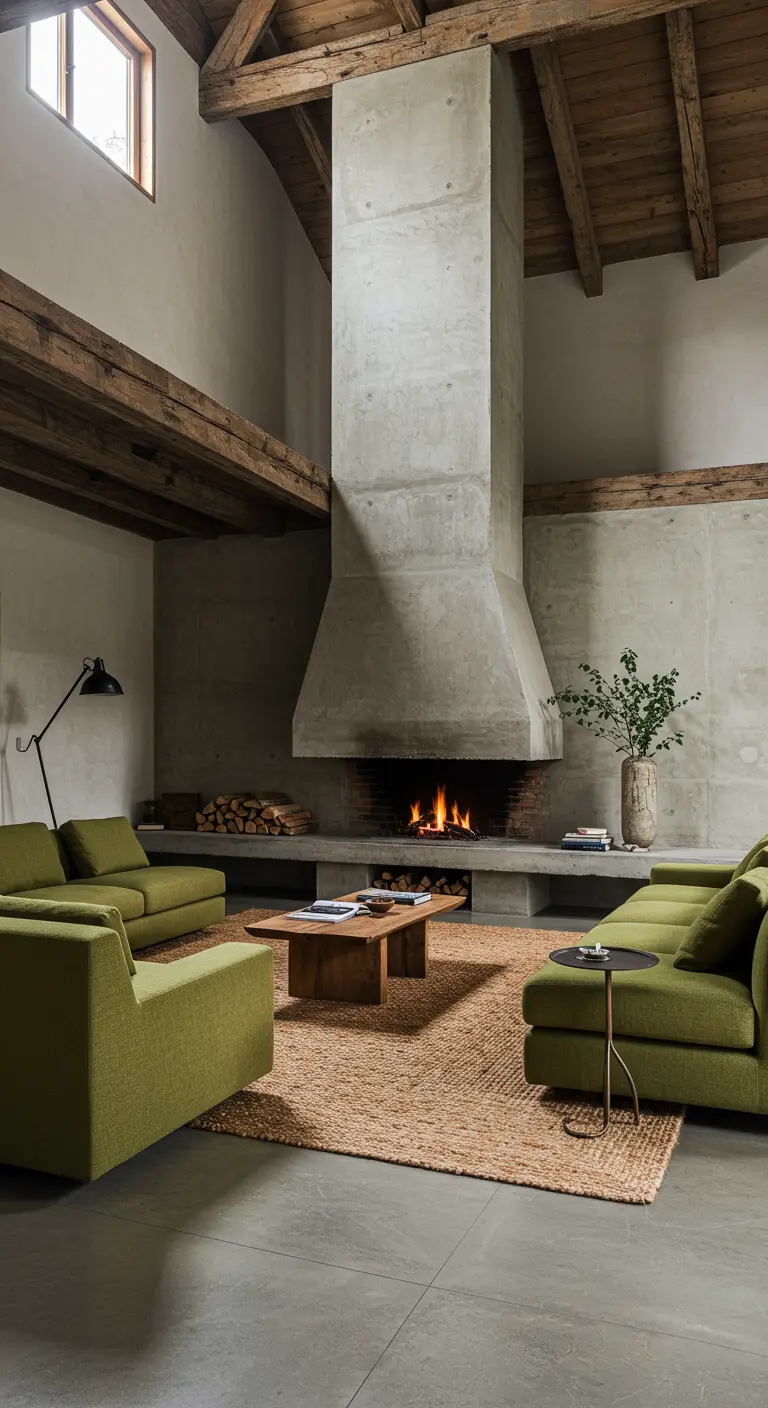 A grand living room with a floor-to-ceiling concrete fireplace and moss green sofas.