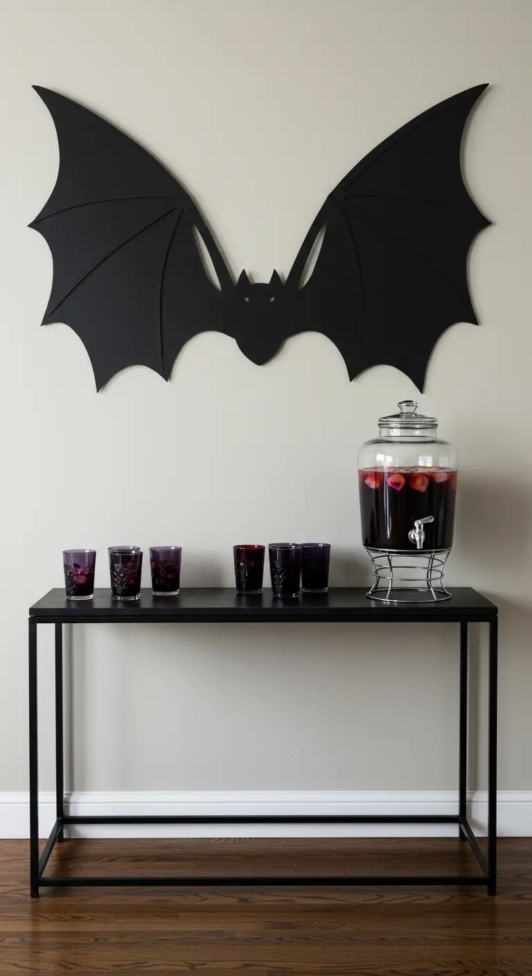 A large black bat silhouette mounted on a wall above a simple drink station.