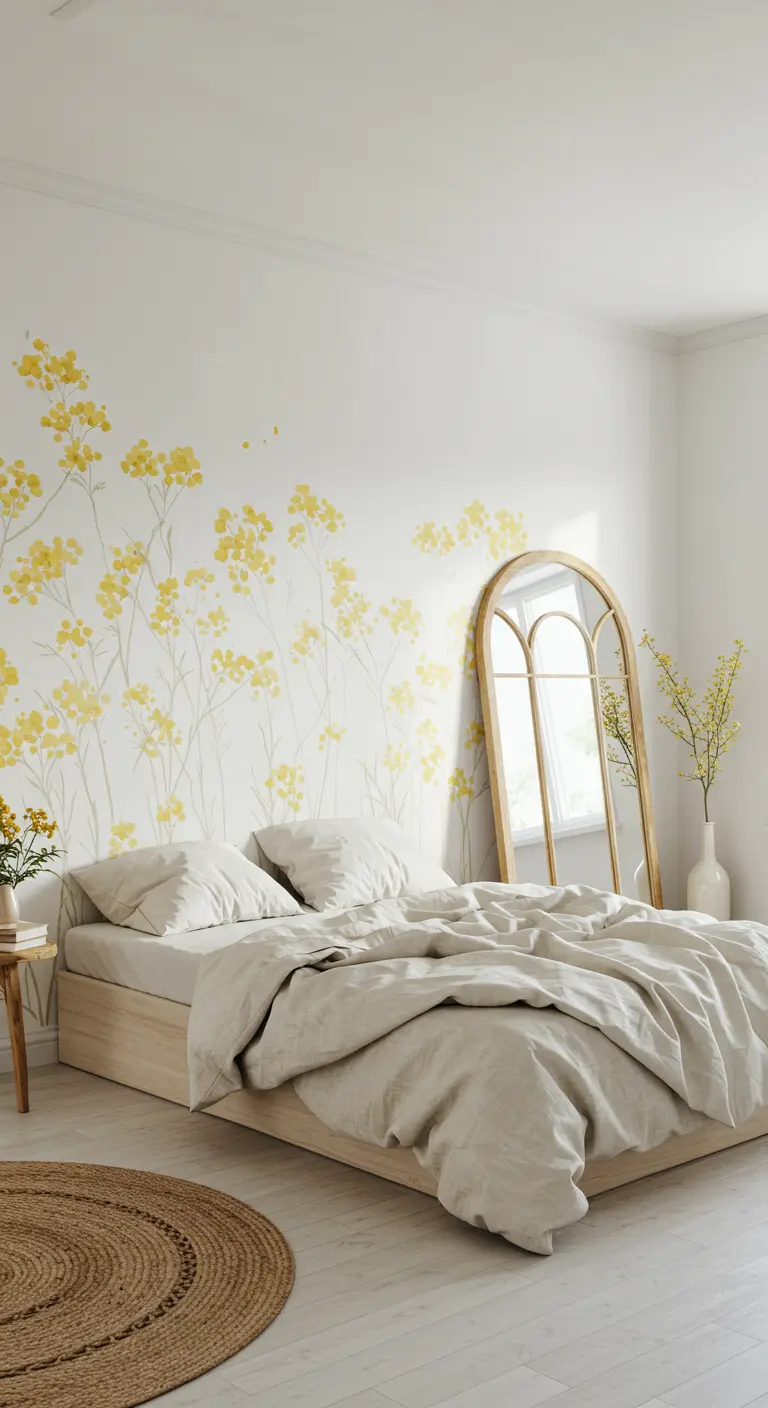 Minimalist bedroom with a yellow wildflower wall decal, a simple wooden bed, and an arched floor mirror.