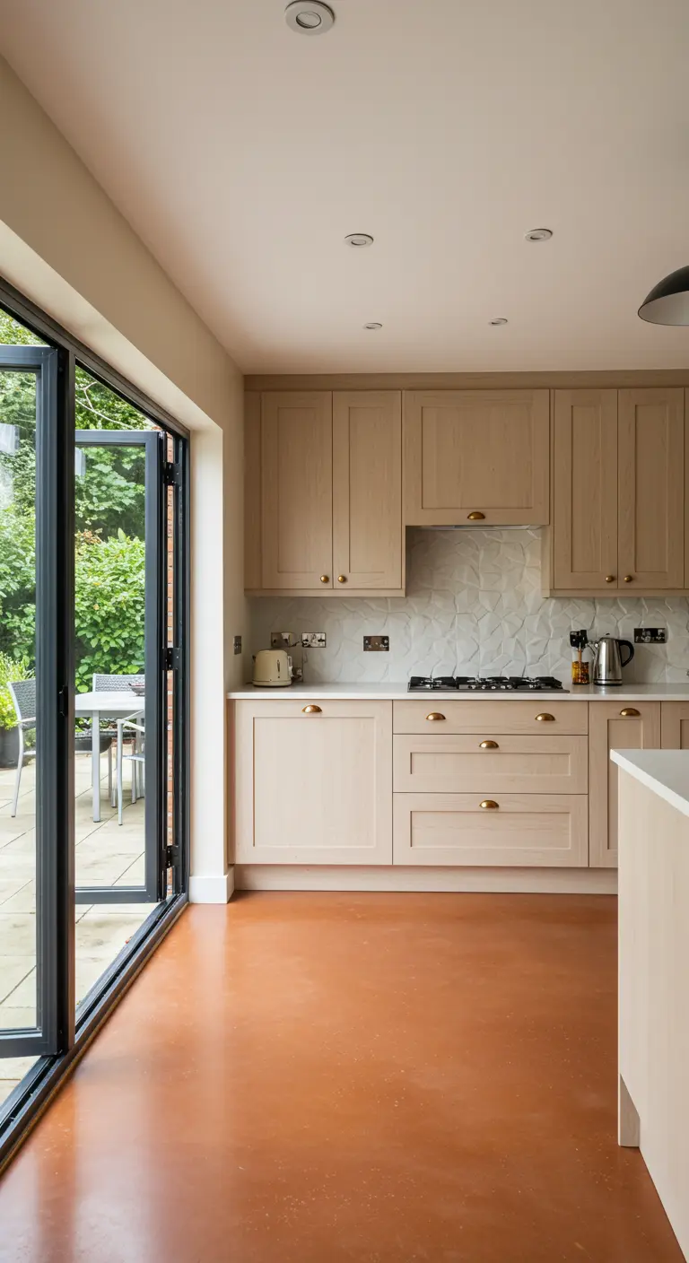 Kitchen with light wood cabinets, white 3D tile, and a terra cotta floor.