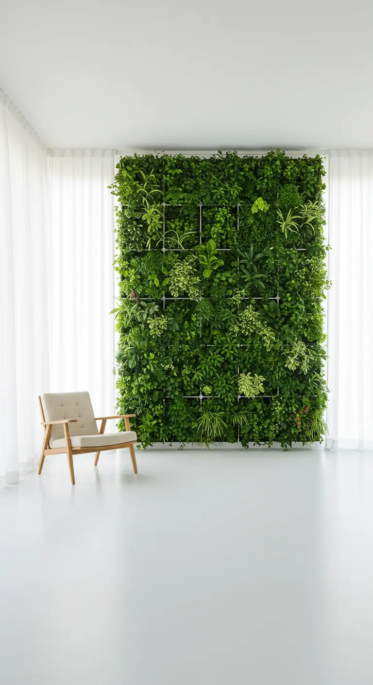 An expansive living plant wall as the sole focal point in a minimalist white room.