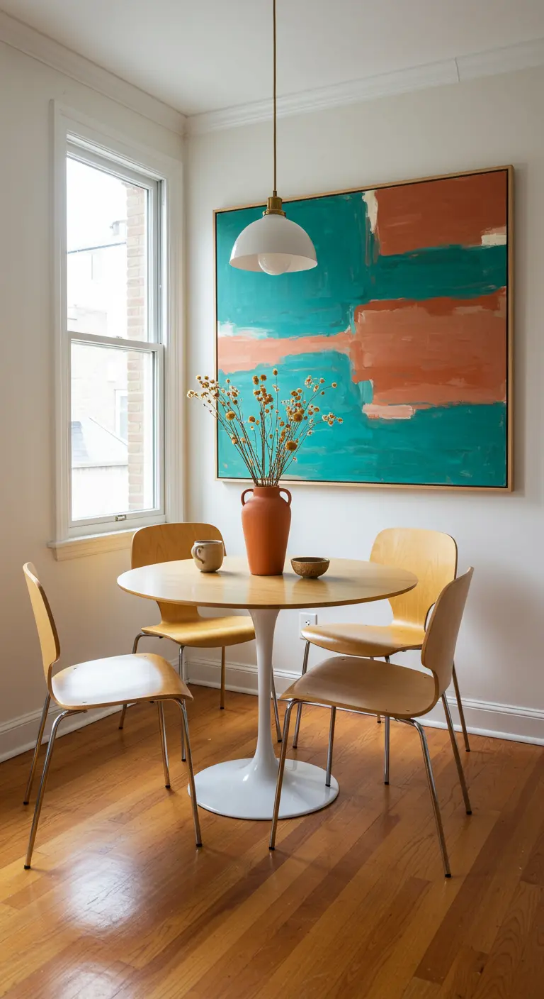 Dining nook with a large teal and terracotta abstract painting on the wall.