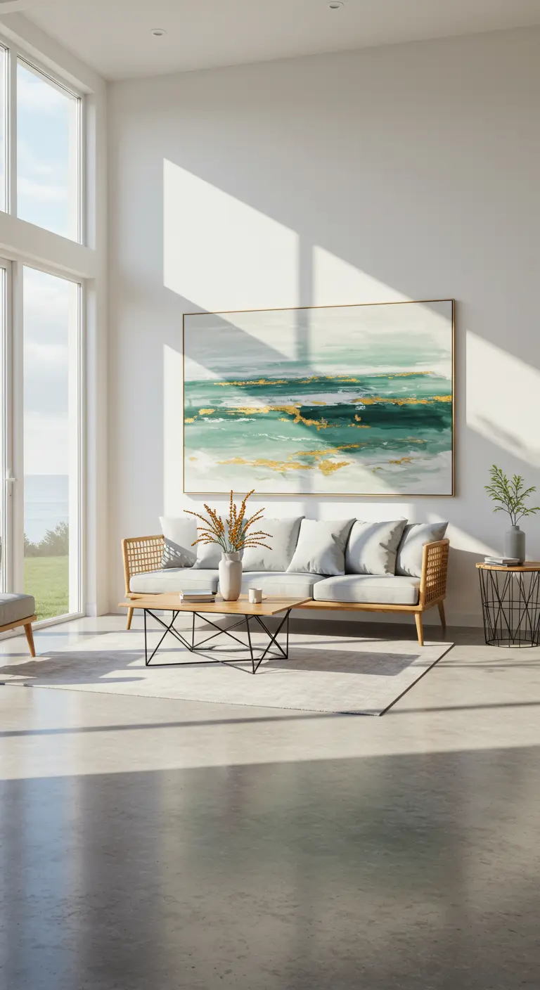 High-ceiling room with a large abstract seascape painting above a light wood and rattan sofa.