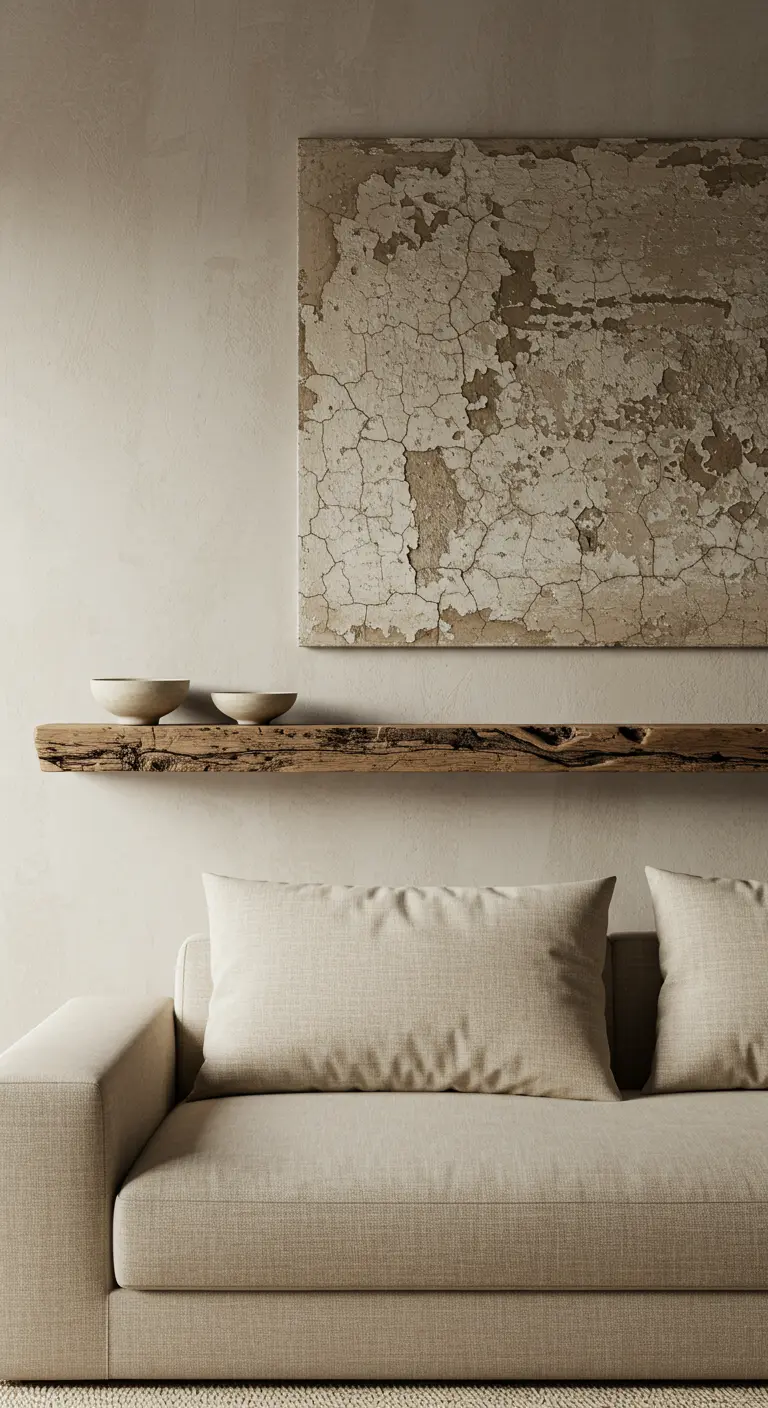 A single, rustic reclaimed wood floating shelf holding two ceramic bowls under cracked-paint art.