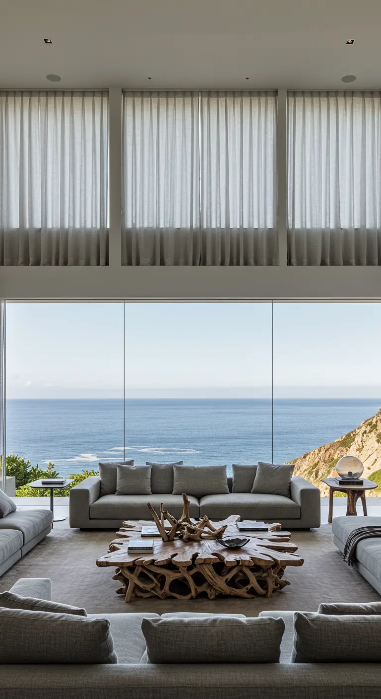 Living room with floor-to-ceiling windows and a dramatic ocean view.