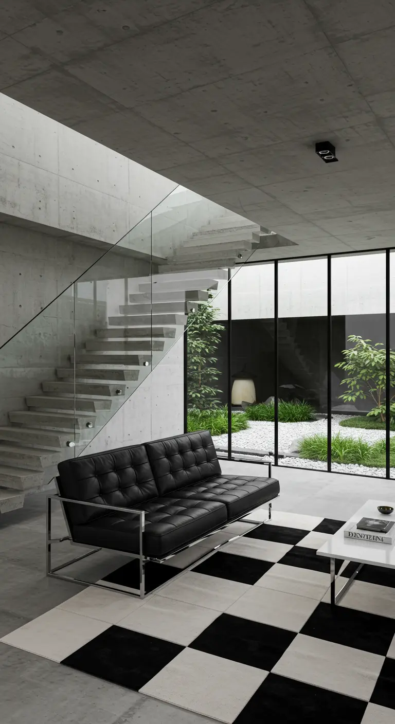 Minimalist living room with a glass wall opening to a zen garden, featuring a checkerboard rug.