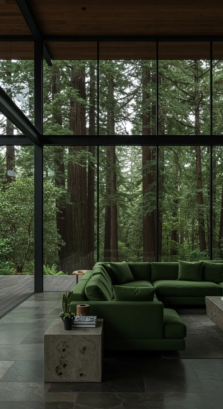 A modern house in the woods with black steel frames and a green sofa looking at redwoods.