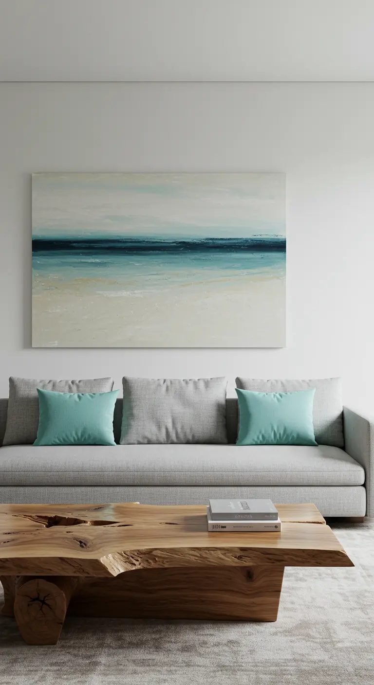 A grey sofa with aqua pillows sits below a large, abstract seascape painting.