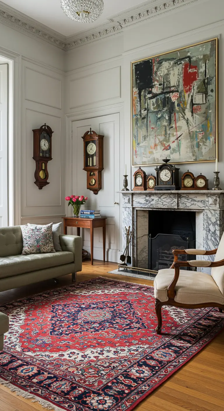 A grand living room with a large abstract painting over a marble fireplace and a collection of clocks.