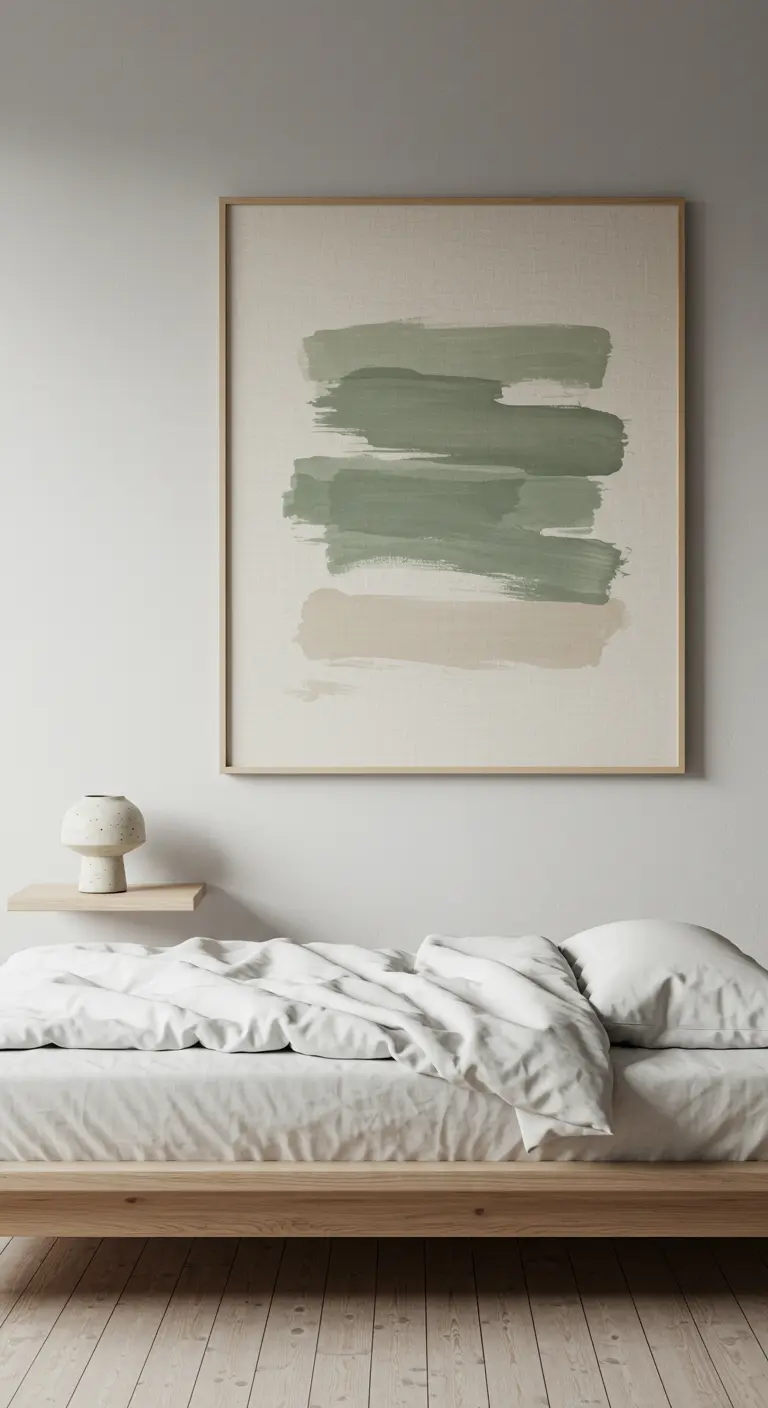 Large abstract painting with green and beige brushstrokes above a simple wood bed.