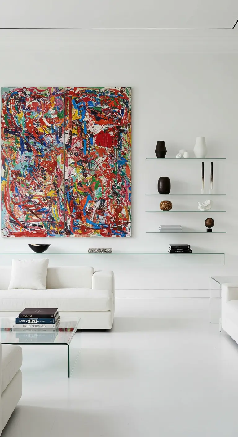 Nearly invisible glass floating shelves next to a vibrant, colorful abstract art diptych.