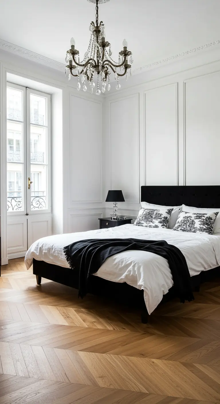 Parisian-style bedroom with white wall moldings, a crystal chandelier, and a black bed.