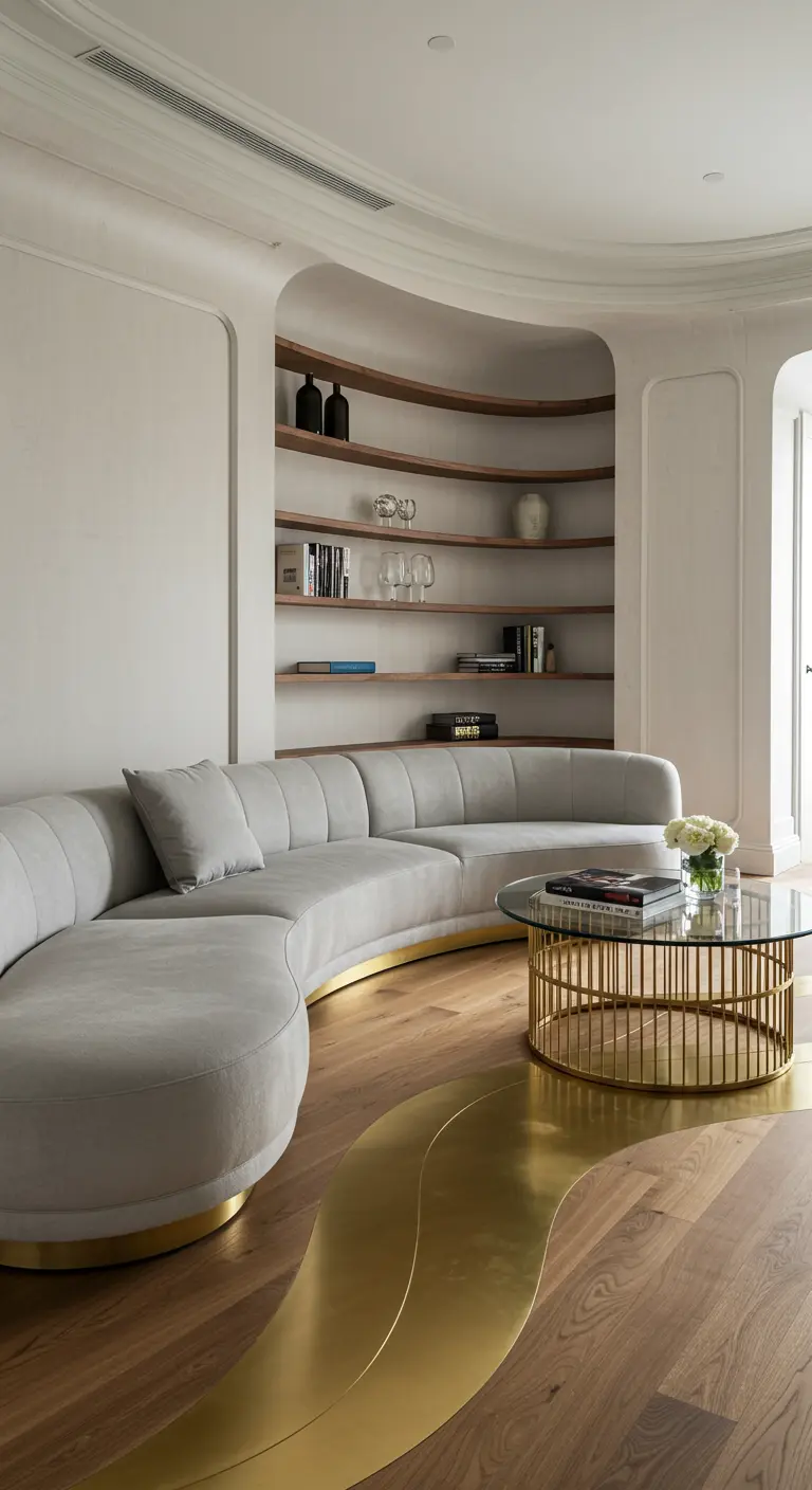 A curved gray sofa sits on a wood floor with a large, flowing brass inlay.