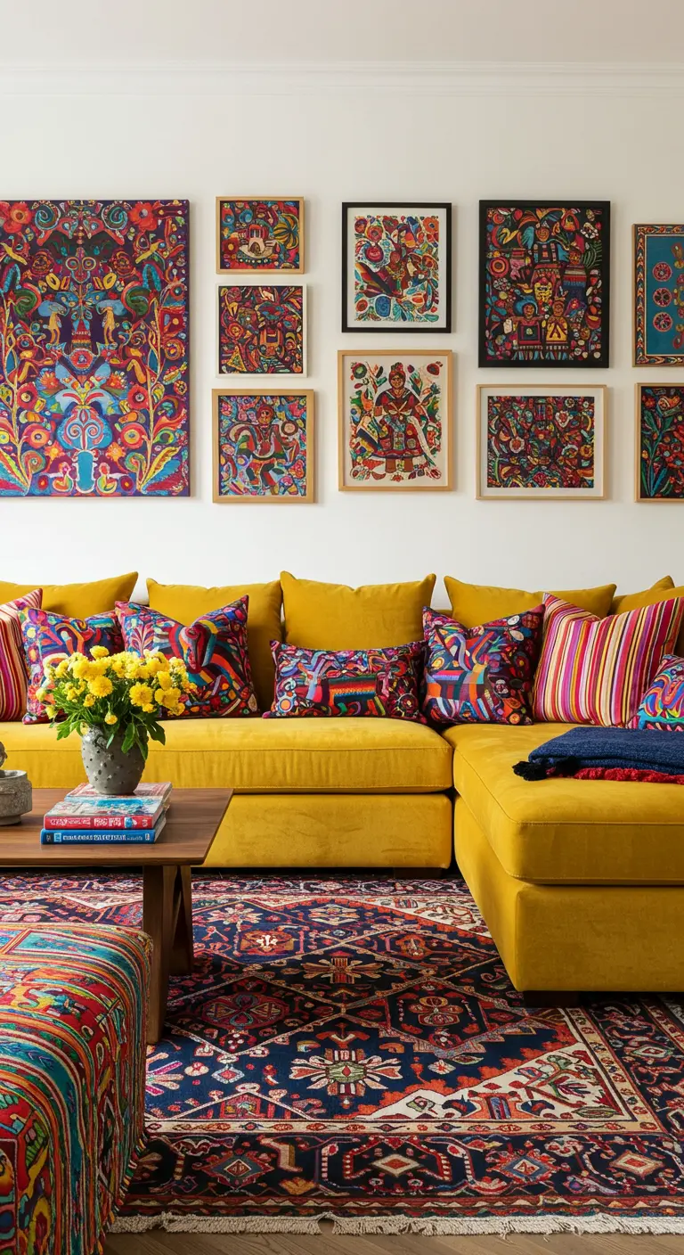 Yellow sectional sofa in front of a gallery wall of colorful folk art.