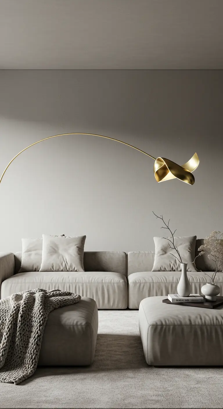 A neutral, minimalist living room with a beige sofa and a striking sculptural brass floor lamp shaped like a ribbon.