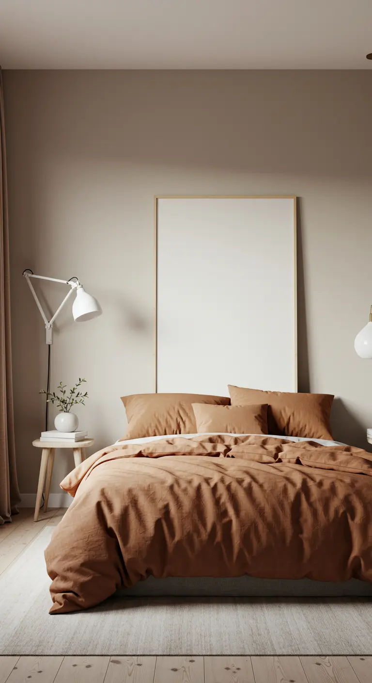 Bedroom with terracotta-colored bedding, a white swing-arm sconce, and a large blank canvas.