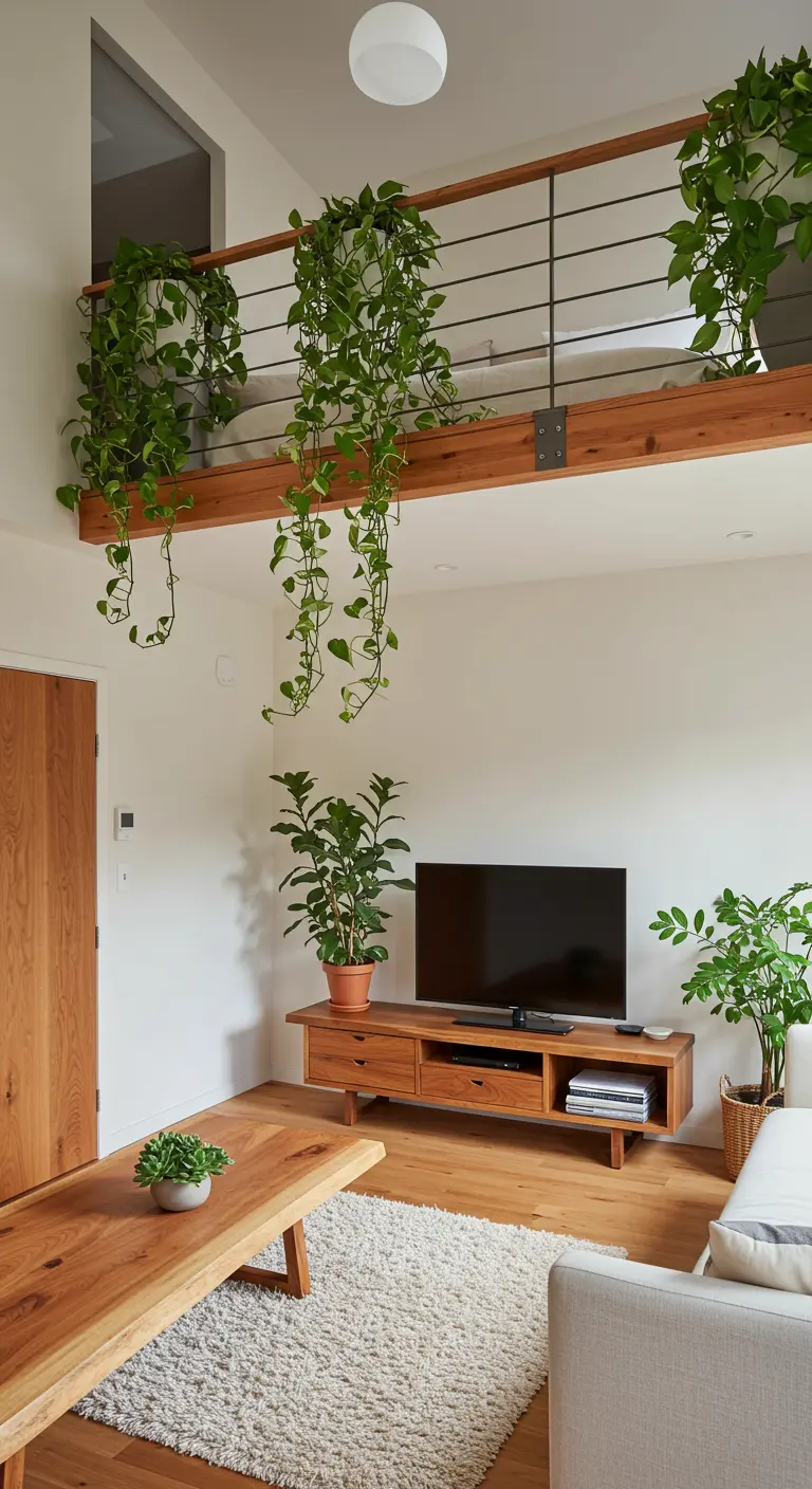 Living room with plants trailing down from a second-floor loft railing over the TV area.