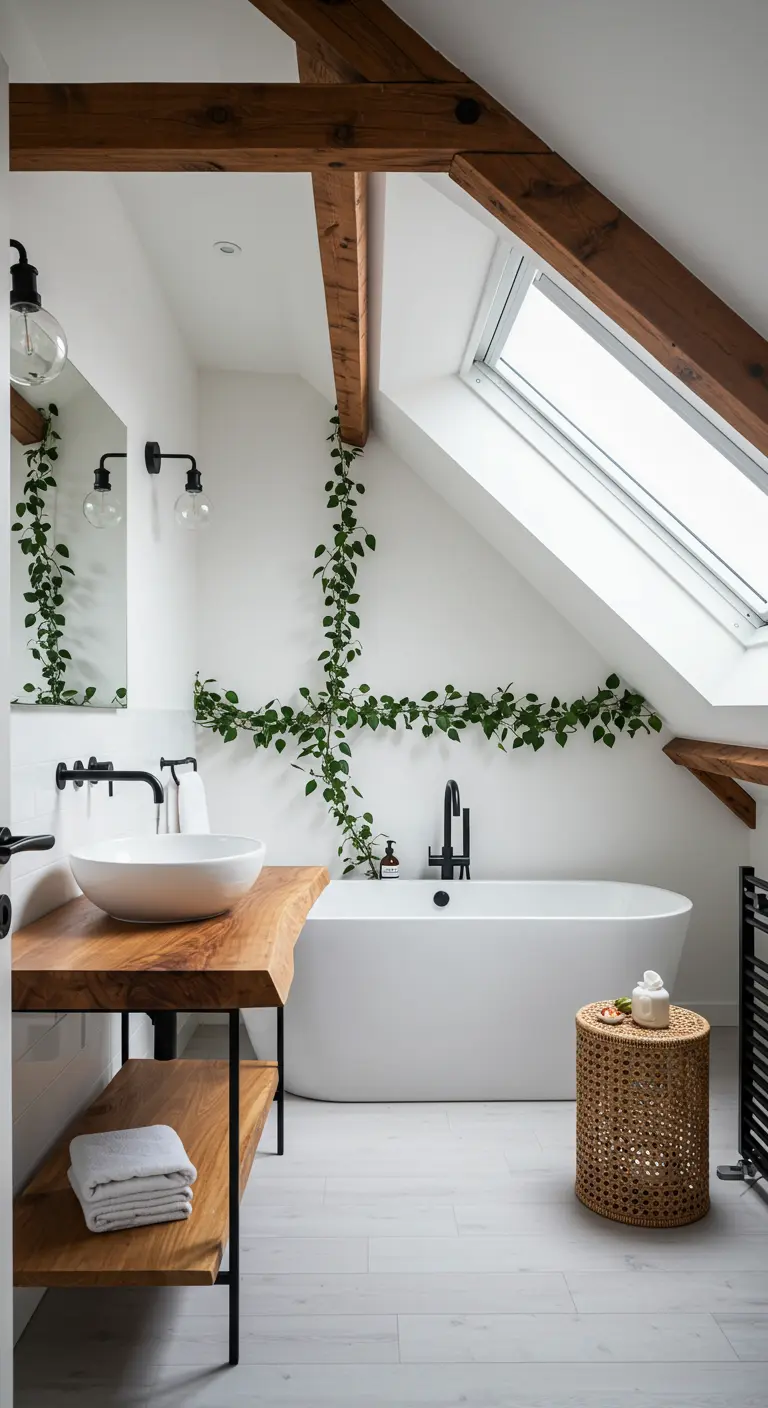 Attic bathroom with exposed wood beams and climbing ivy on the white walls.
