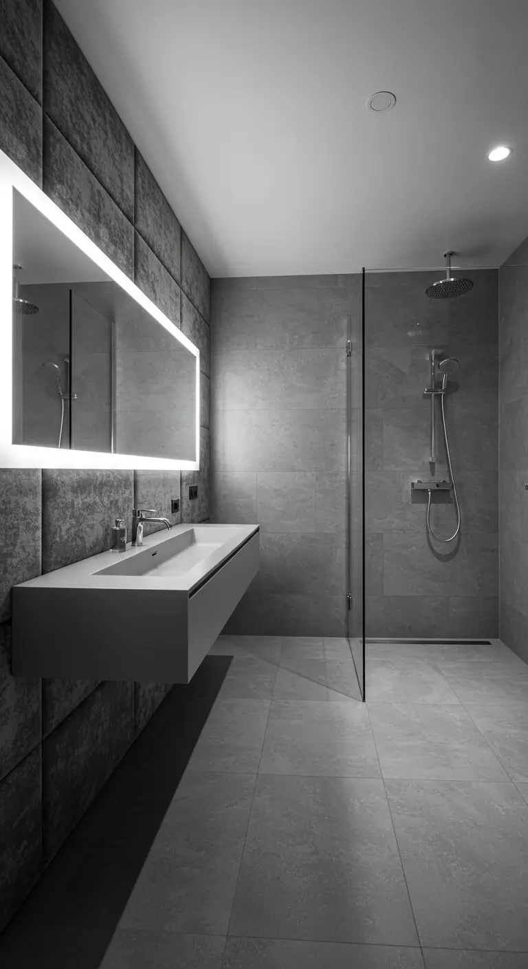 High-contrast minimalist bathroom with grey padded walls and a large, brightly lit vanity mirror.