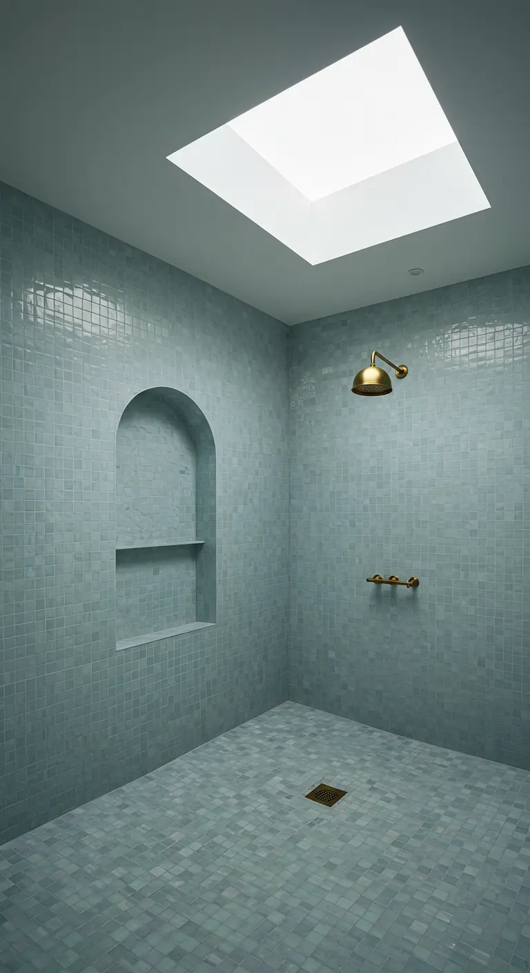 Minimalist walk-in shower with pale blue tiles and a skylight.