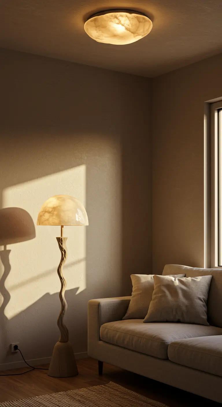 A living room corner featuring a floor lamp with a wavy, sculptural base.