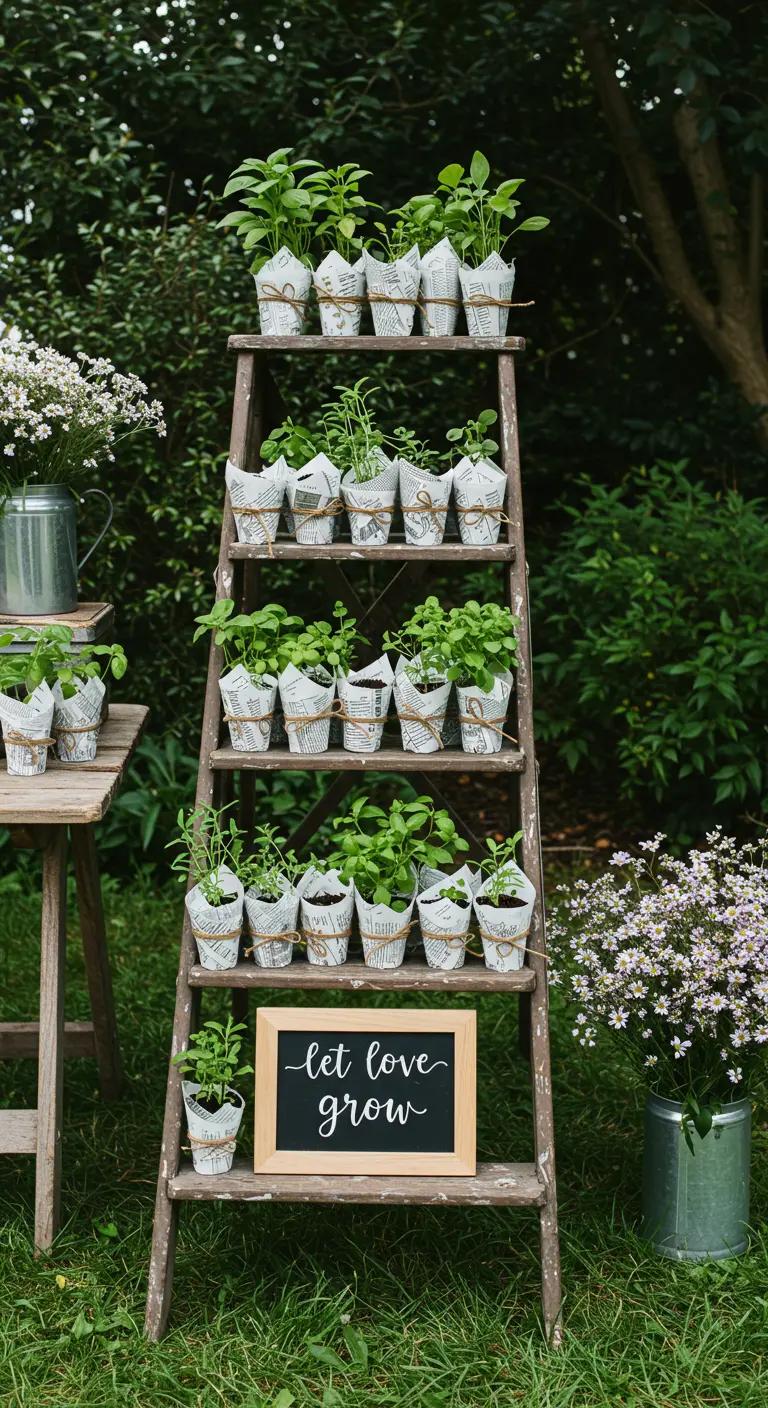 Wooden ladder displaying herb party favors wrapped in newspaper.