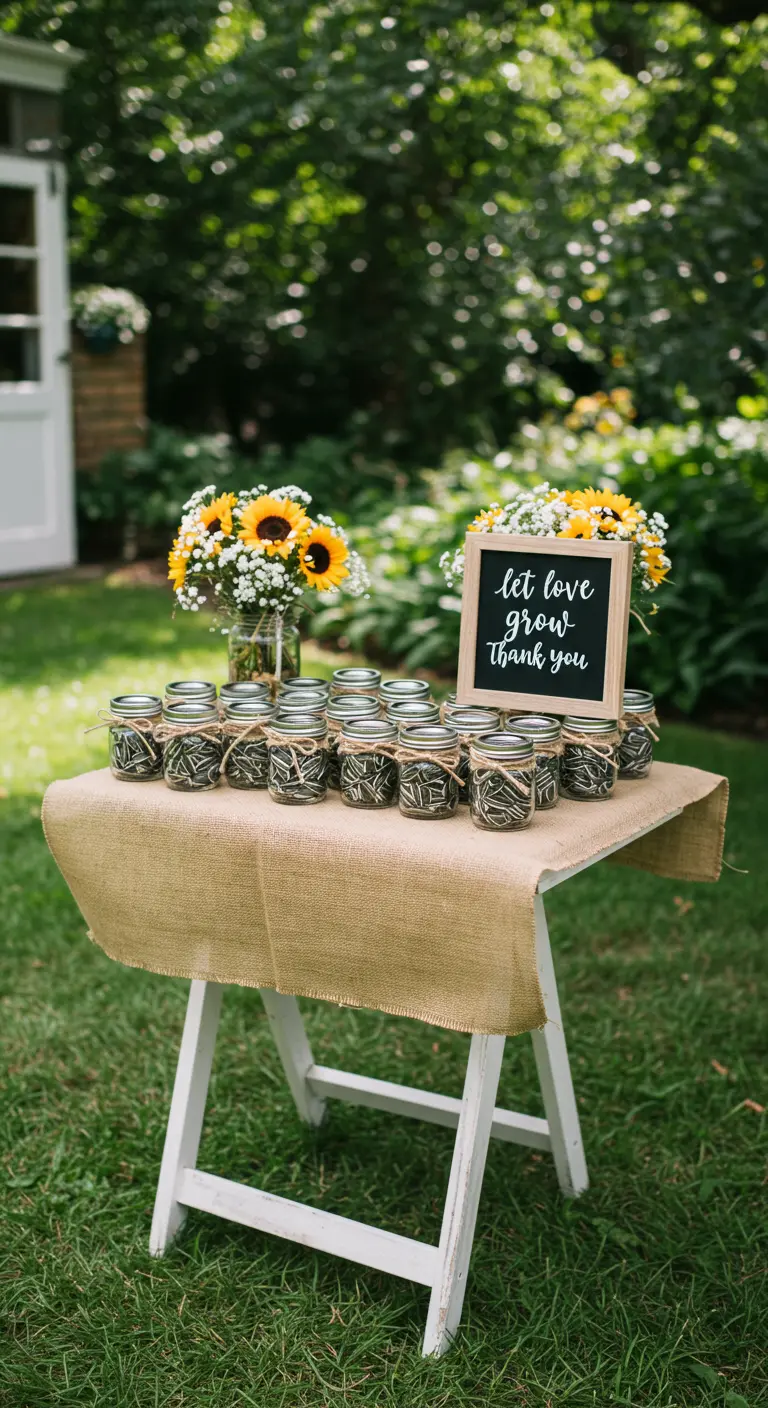 Party favors of sunflower seeds in small mason jars tied with twine on a burlap-covered table.