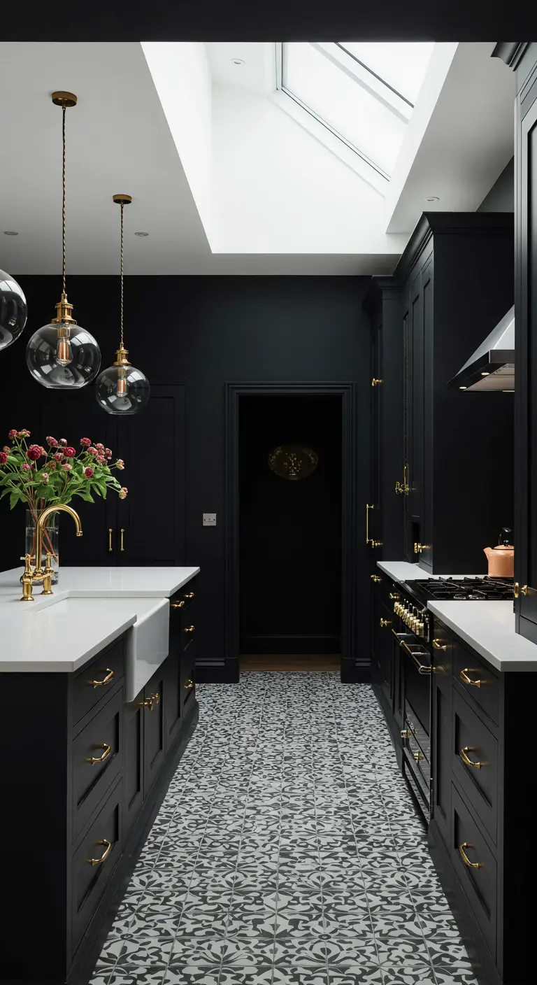 Dark, moody kitchen with a skylight at the far end and intricate floor tiles.