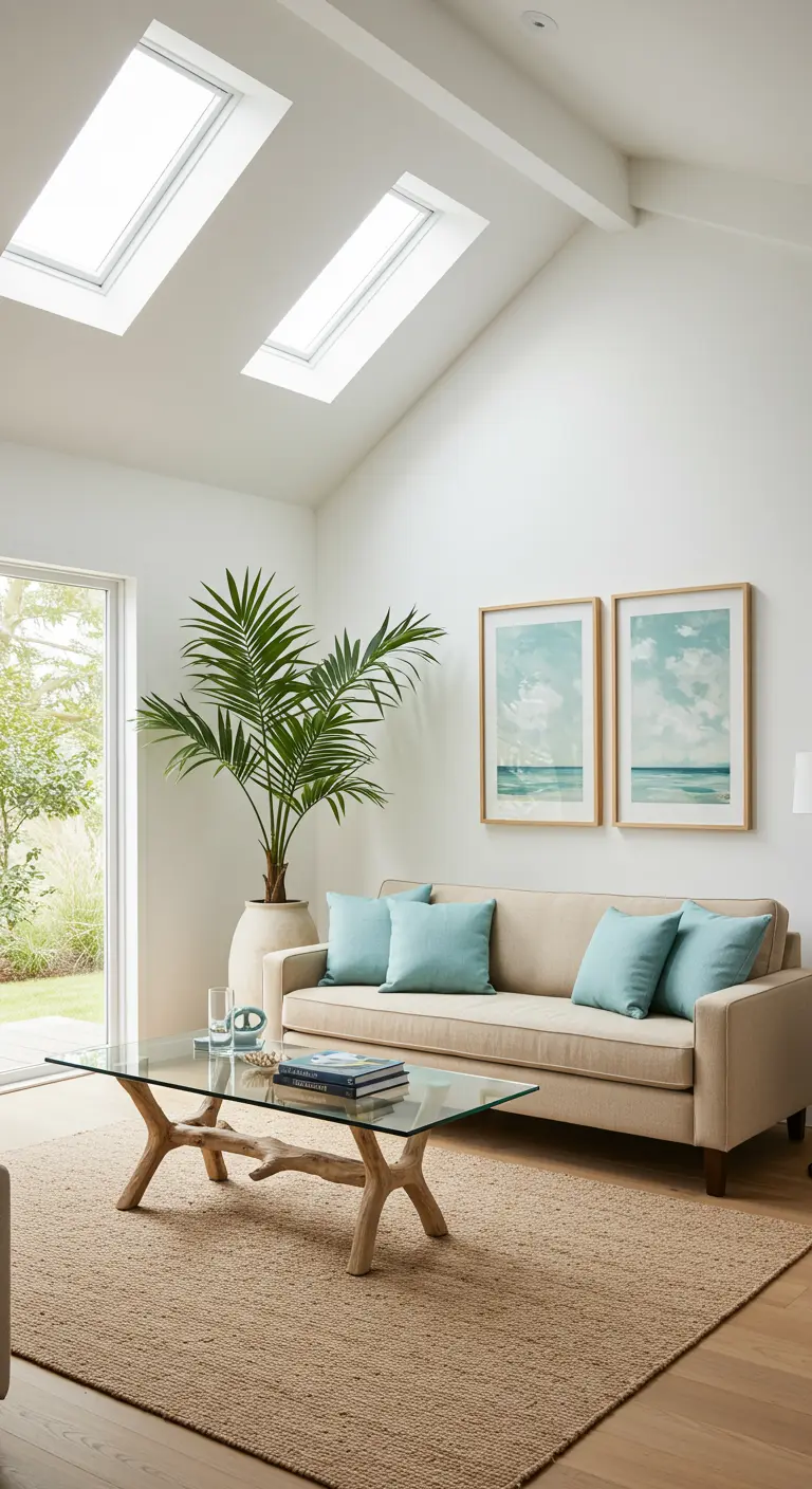 Bright room with skylights, a beige sofa, and a glass-top driftwood coffee table.