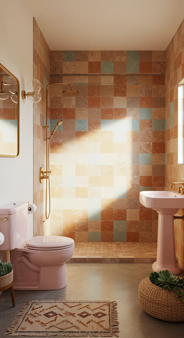 Sunlit bathroom with pink fixtures and a shower tiled in terracotta, pink, and blue.